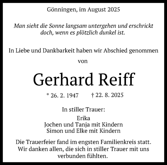Anzeige von Gerhard Reiff von Reutlinger General-Anzeiger