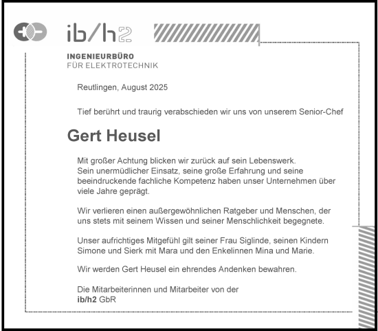 Anzeige von Gert Heusel von Reutlinger General-Anzeiger