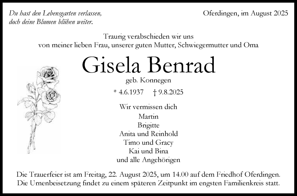  Traueranzeige für Gisela Benrad vom 16.08.2025 aus Reutlinger General-Anzeiger