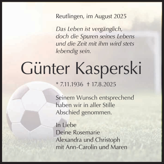 Anzeige von Günter Kasperski von Reutlinger General-Anzeiger