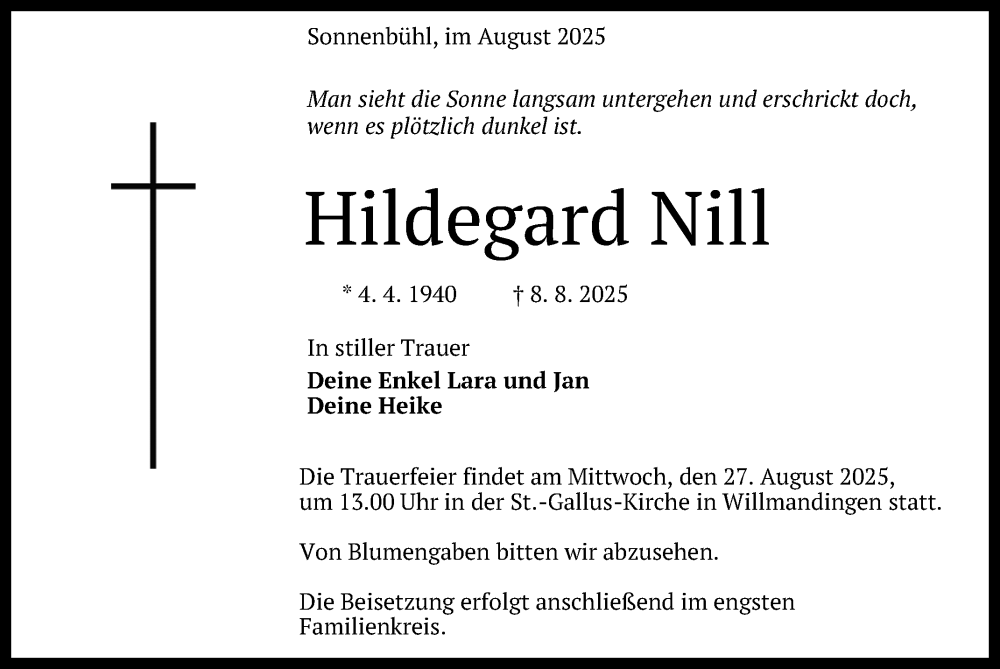  Traueranzeige für Hildegard Nill vom 13.08.2025 aus Reutlinger General-Anzeiger