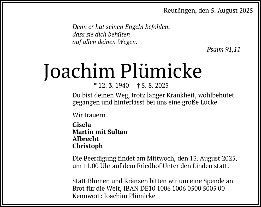  Traueranzeige für Joachim Plümicke vom 09.08.2025 aus Reutlinger General-Anzeiger