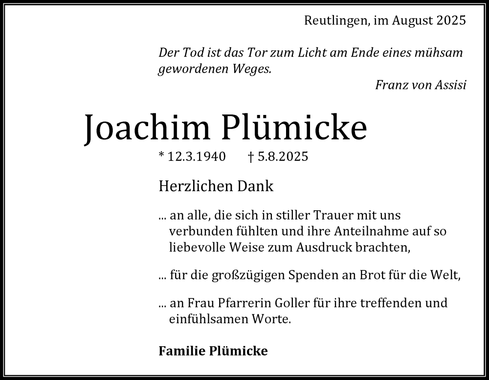  Traueranzeige für Joachim Plümicke vom 23.08.2025 aus Reutlinger General-Anzeiger