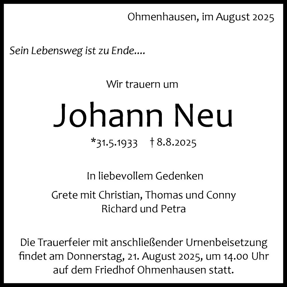  Traueranzeige für Johann Neu vom 15.08.2025 aus Reutlinger General-Anzeiger