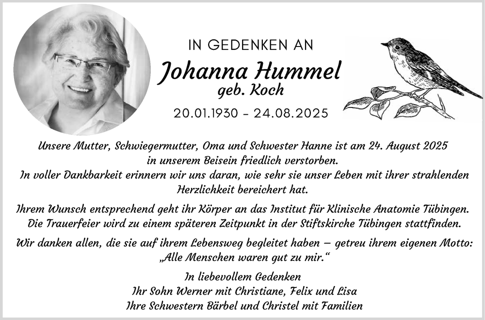  Traueranzeige für Johanna Hummel vom 30.08.2025 aus Reutlinger General-Anzeiger
