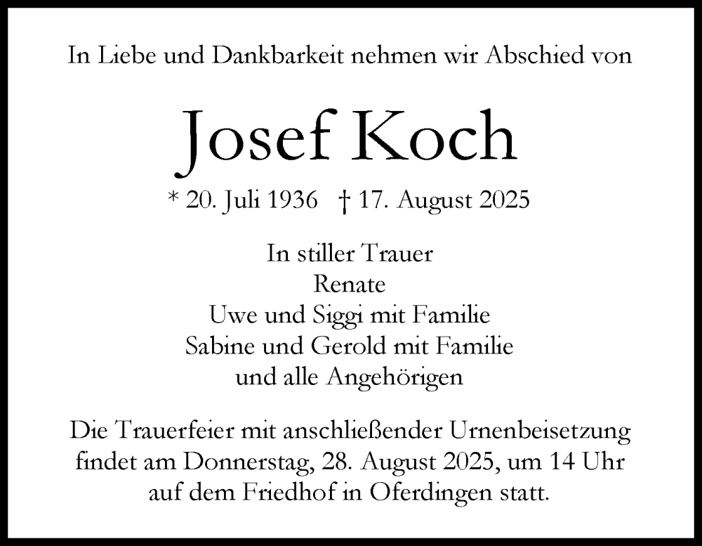  Traueranzeige für Josef Koch vom 23.08.2025 aus Reutlinger General-Anzeiger