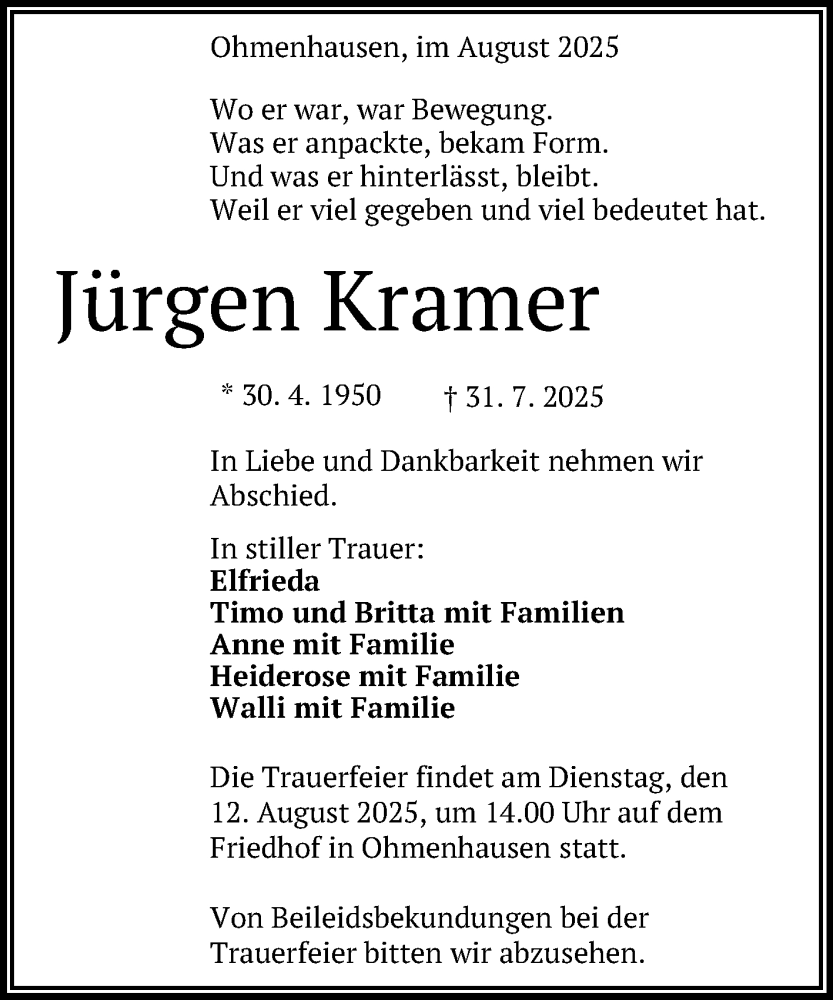  Traueranzeige für Jürgen Kramer vom 05.08.2025 aus Reutlinger General-Anzeiger