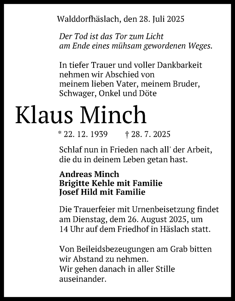  Traueranzeige für Klaus Minch vom 02.08.2025 aus Reutlinger General-Anzeiger