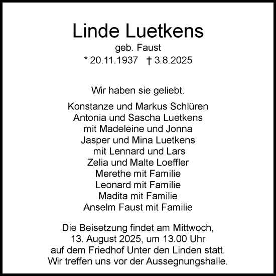 Anzeige von Linde Luetkens von Reutlinger General-Anzeiger