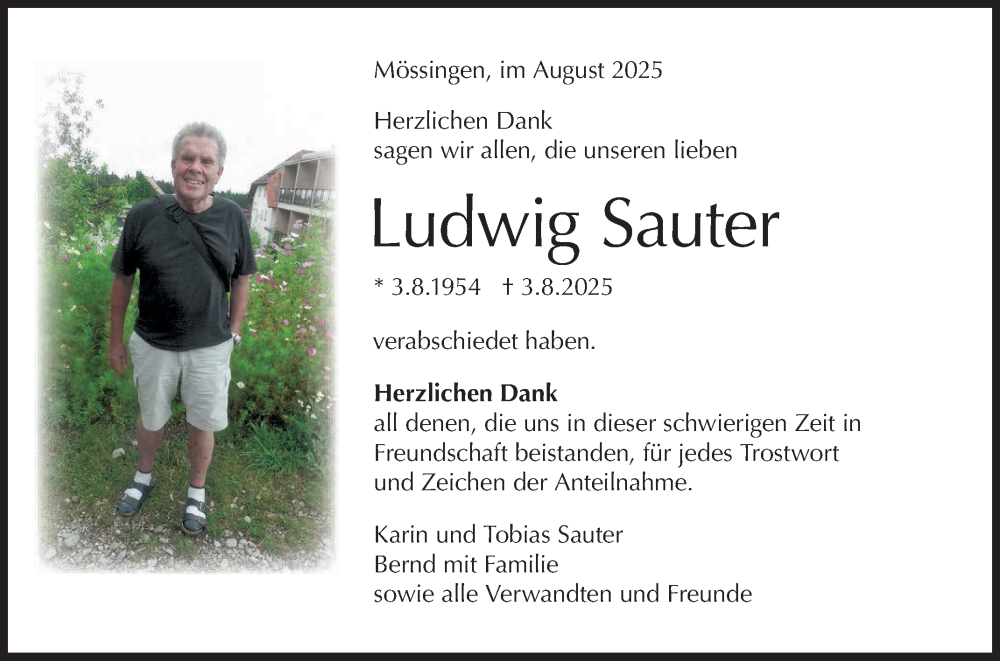  Traueranzeige für Ludwig Sauter vom 19.08.2025 aus Reutlinger General-Anzeiger