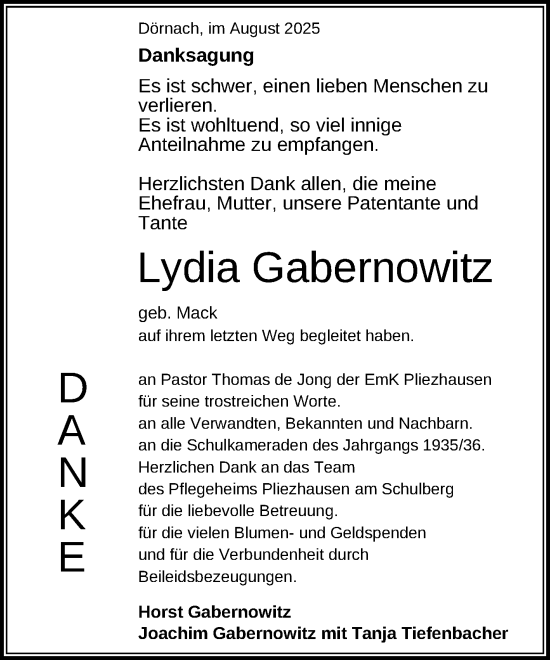 Anzeige von Lydia Gabernowitz von Reutlinger General-Anzeiger