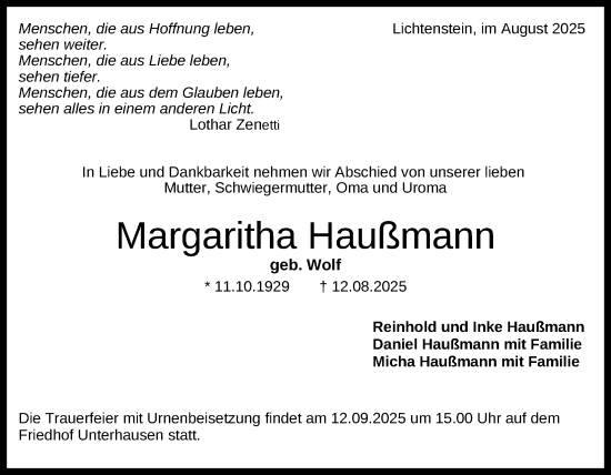 Anzeige von Margaritha Haußmann von Reutlinger General-Anzeiger