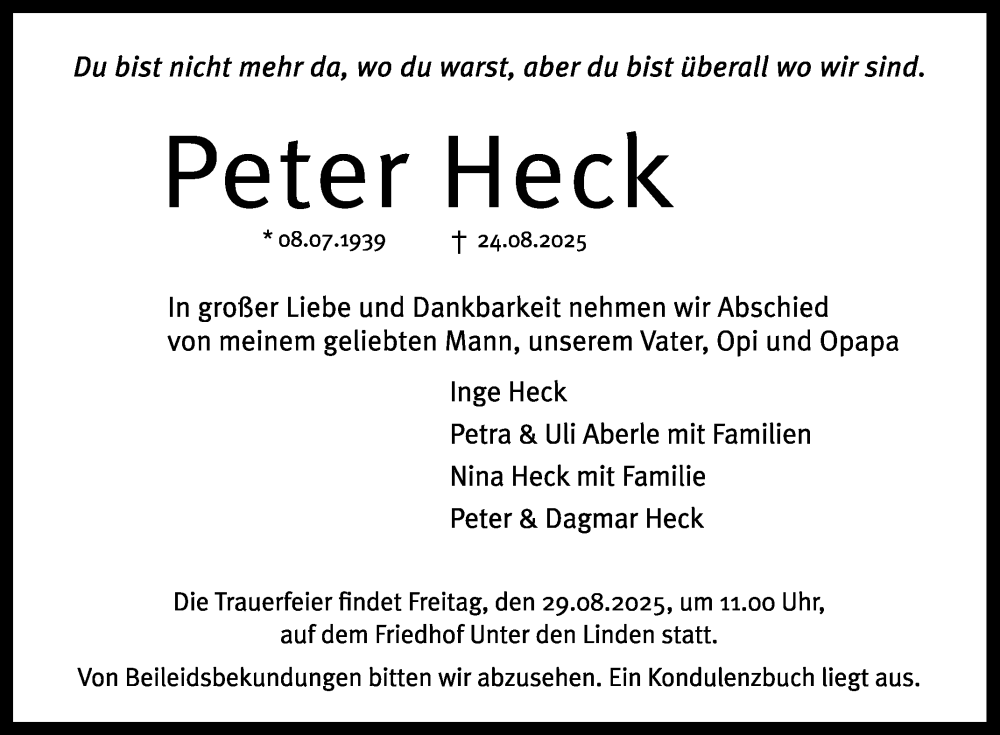  Traueranzeige für Peter Heck vom 26.08.2025 aus Reutlinger General-Anzeiger