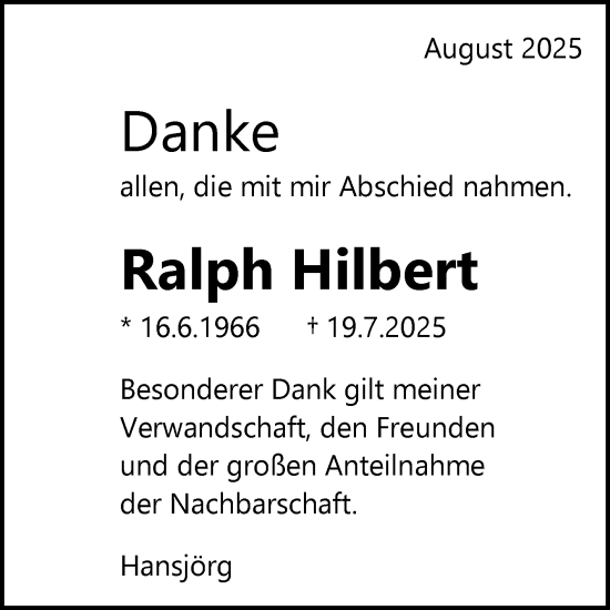 Anzeige von Ralph Hilbert von Reutlinger General-Anzeiger