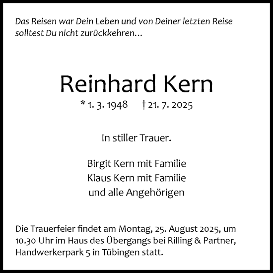Anzeige von Reinhard Kern von Reutlinger General-Anzeiger