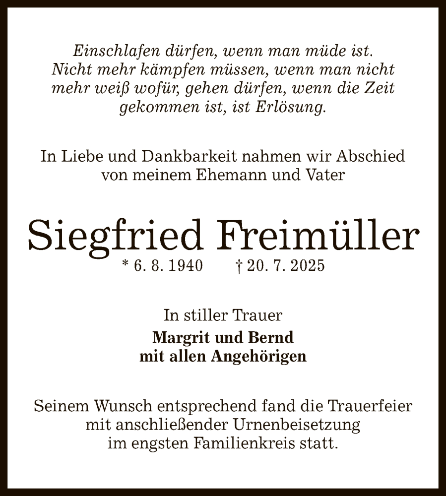  Traueranzeige für Siegfried Freimüller vom 02.08.2025 aus Reutlinger General-Anzeiger