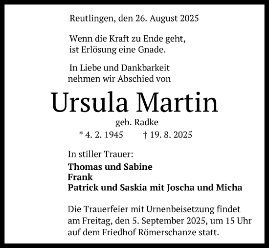 Anzeige von Ursula Martin von Reutlinger General-Anzeiger