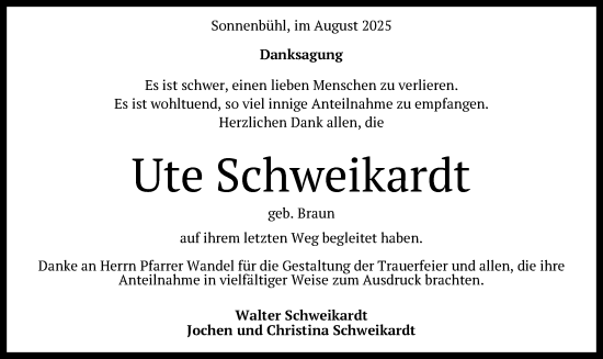 Anzeige von Ute Schweikardt von Reutlinger General-Anzeiger