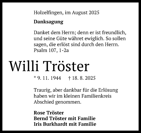 Anzeige von Willi Tröster von Reutlinger General-Anzeiger