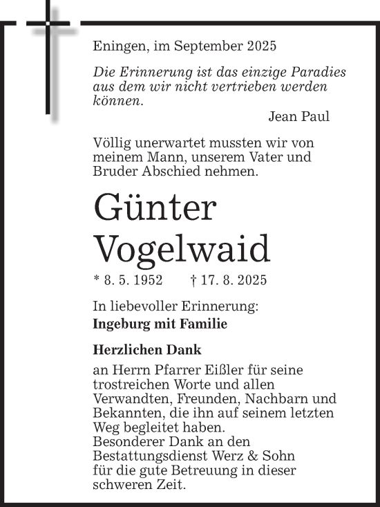 Anzeige von Günter Vogelwaid von Reutlinger General-Anzeiger