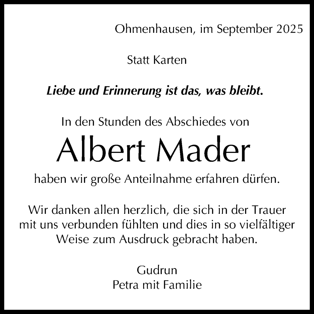  Traueranzeige für Albert Mader vom 06.09.2025 aus Reutlinger General-Anzeiger