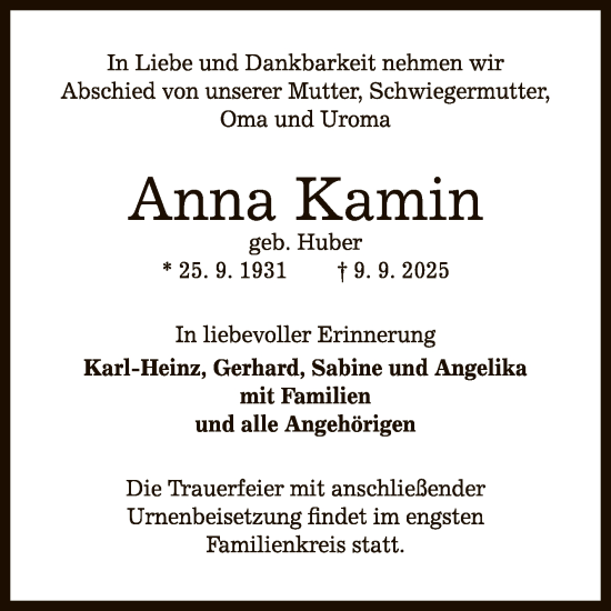 Anzeige von Anna Kamin von Reutlinger General-Anzeiger