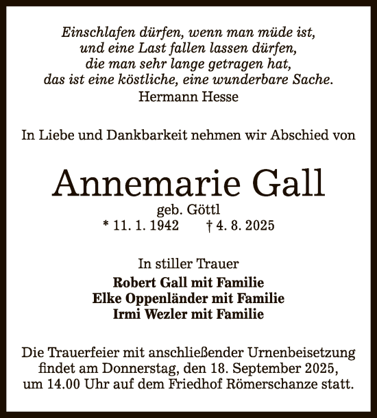 Anzeige von Annemarie Gall von Reutlinger General-Anzeiger