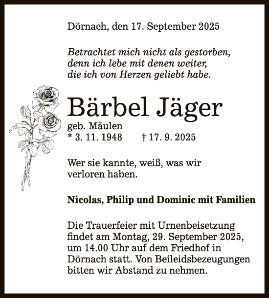 Anzeige von Bärbel Jäger von Reutlinger General-Anzeiger