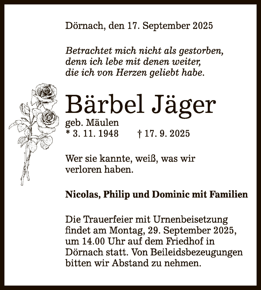  Traueranzeige für Bärbel Jäger vom 22.09.2025 aus Reutlinger General-Anzeiger