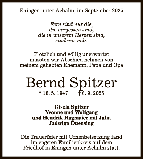 Anzeige von Bernd Spitzer von Reutlinger General-Anzeiger