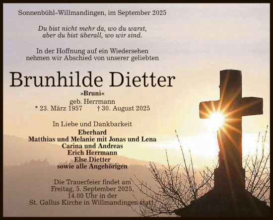 Anzeige von Brunhilde Dietter von Reutlinger General-Anzeiger