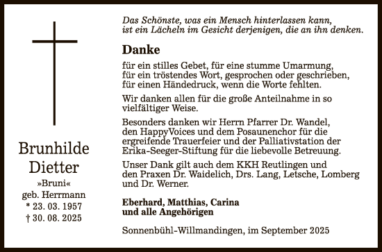 Anzeige von Brunhilde Dietter von Reutlinger General-Anzeiger