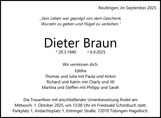 Anzeige von Dieter Braun von Reutlinger General-Anzeiger