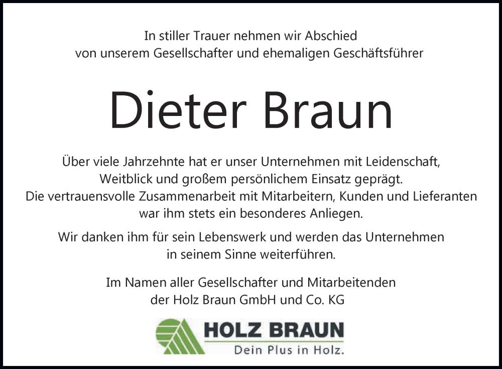  Traueranzeige für Dieter Braun vom 20.09.2025 aus Reutlinger General-Anzeiger
