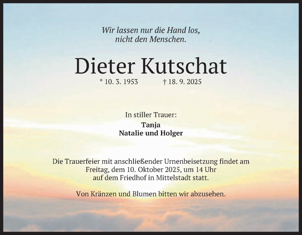  Traueranzeige für Dieter Kutschat vom 27.09.2025 aus Reutlinger General-Anzeiger