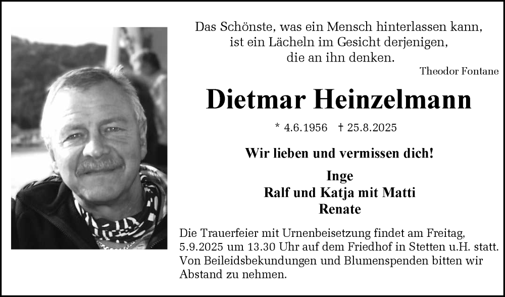  Traueranzeige für Dietmar Heinzelmann vom 02.09.2025 aus Reutlinger General-Anzeiger