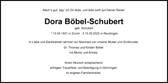 Anzeige von Dora Böbel-Schubert von Reutlinger General-Anzeiger
