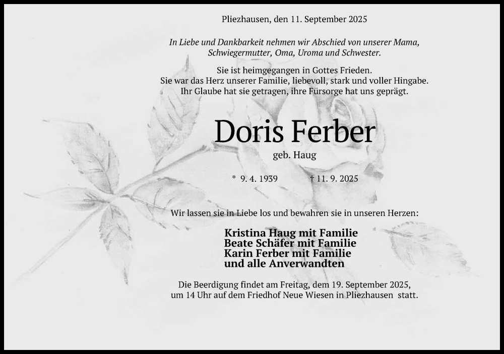  Traueranzeige für Doris Ferber vom 13.09.2025 aus Reutlinger General-Anzeiger