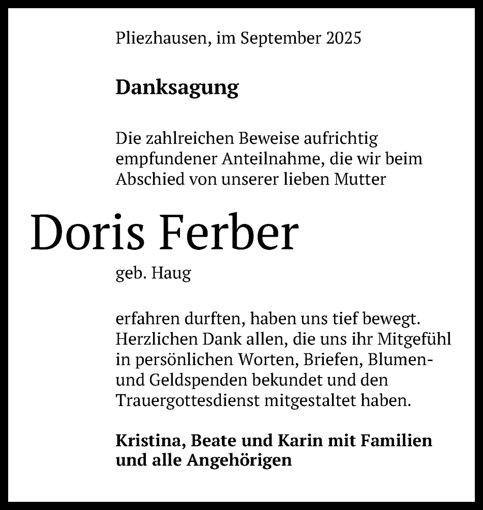  Traueranzeige für Doris Ferber vom 27.09.2025 aus Reutlinger General-Anzeiger