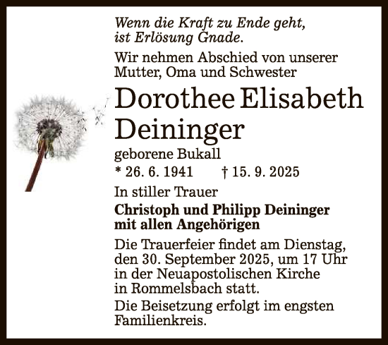 Anzeige von Dorothee Elisabeth Deininger von Reutlinger General-Anzeiger