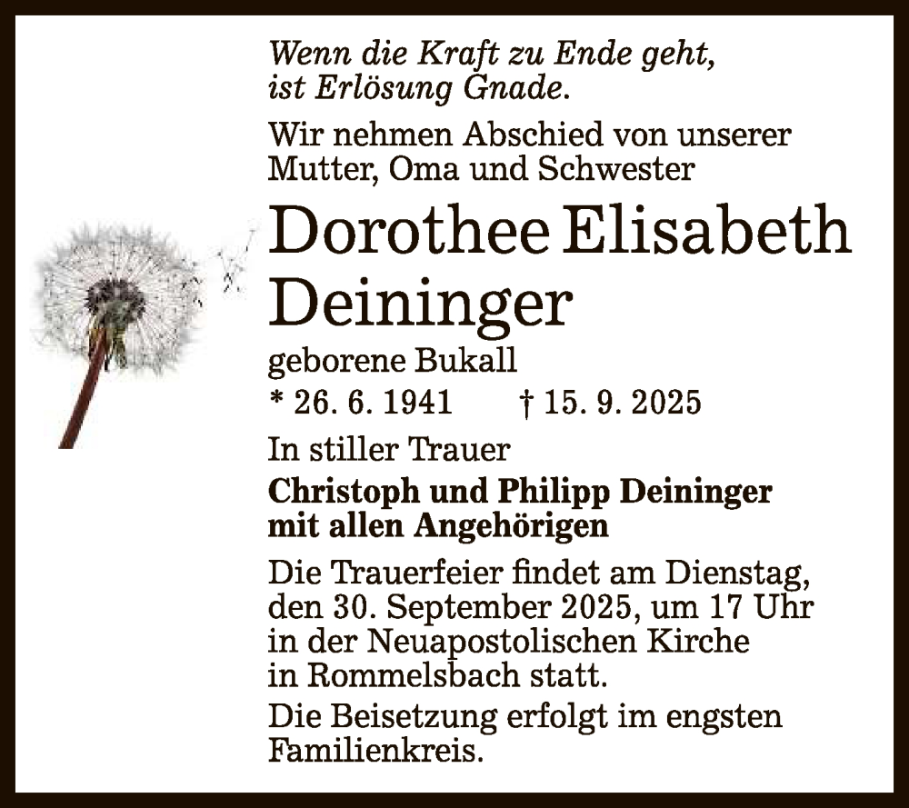  Traueranzeige für Dorothee Elisabeth Deininger vom 27.09.2025 aus Reutlinger General-Anzeiger