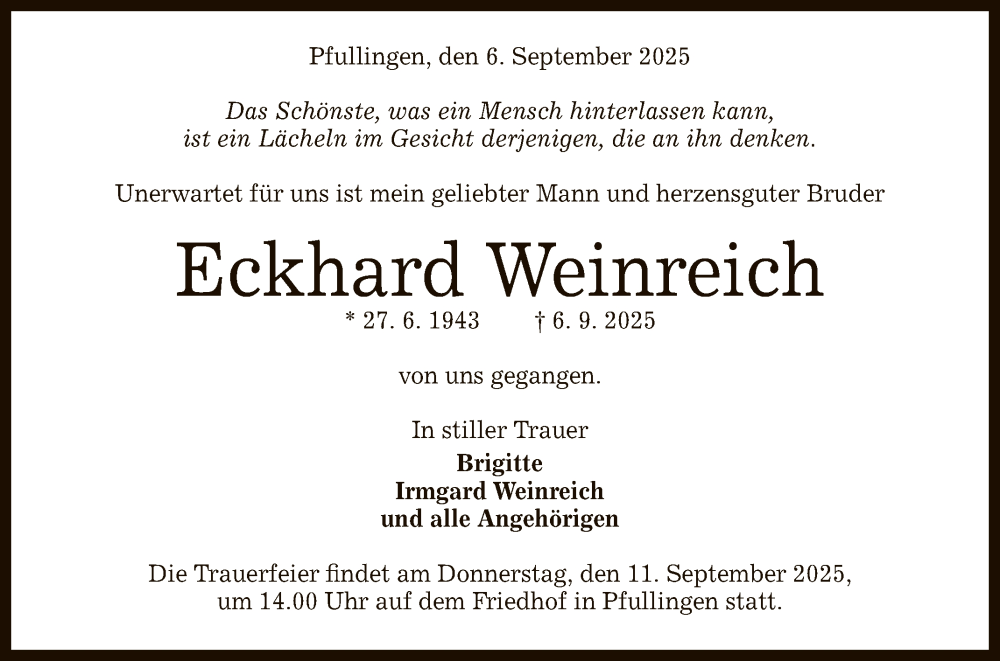  Traueranzeige für Eckhard Weinreich vom 09.09.2025 aus Reutlinger General-Anzeiger