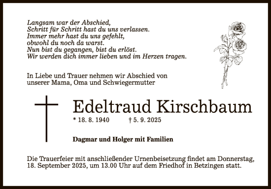 Anzeige von Edeltraud Kirschbaum von Reutlinger General-Anzeiger