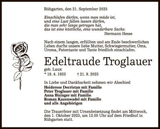 Anzeige von Edeltraude Troglauer von Reutlinger General-Anzeiger