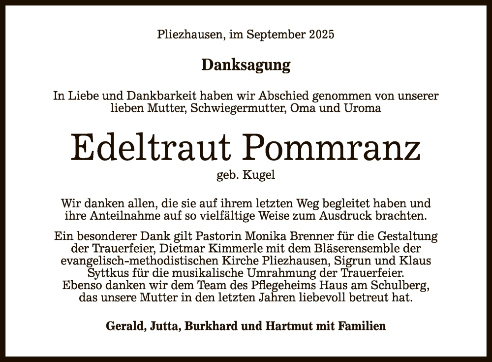  Traueranzeige für Edeltraut Pommranz vom 30.09.2025 aus Reutlinger General-Anzeiger
