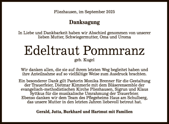 Anzeige von Edeltraut Pommranz von Reutlinger General-Anzeiger
