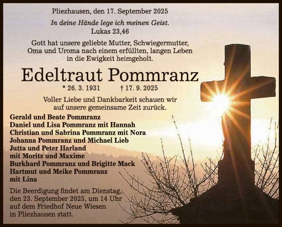 Anzeige von Edeltraut Pommranz von Reutlinger General-Anzeiger