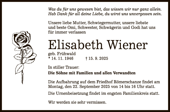 Anzeige von Elisabeth Wiener von Reutlinger General-Anzeiger