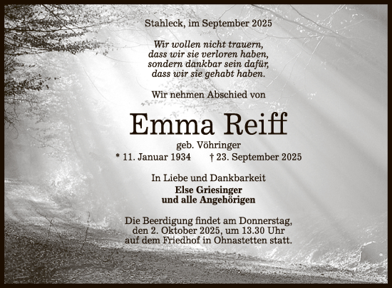 Anzeige von Emma Reiff von Reutlinger General-Anzeiger