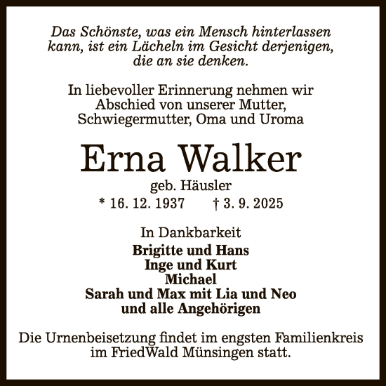 Anzeige von Erna Walker von Reutlinger General-Anzeiger